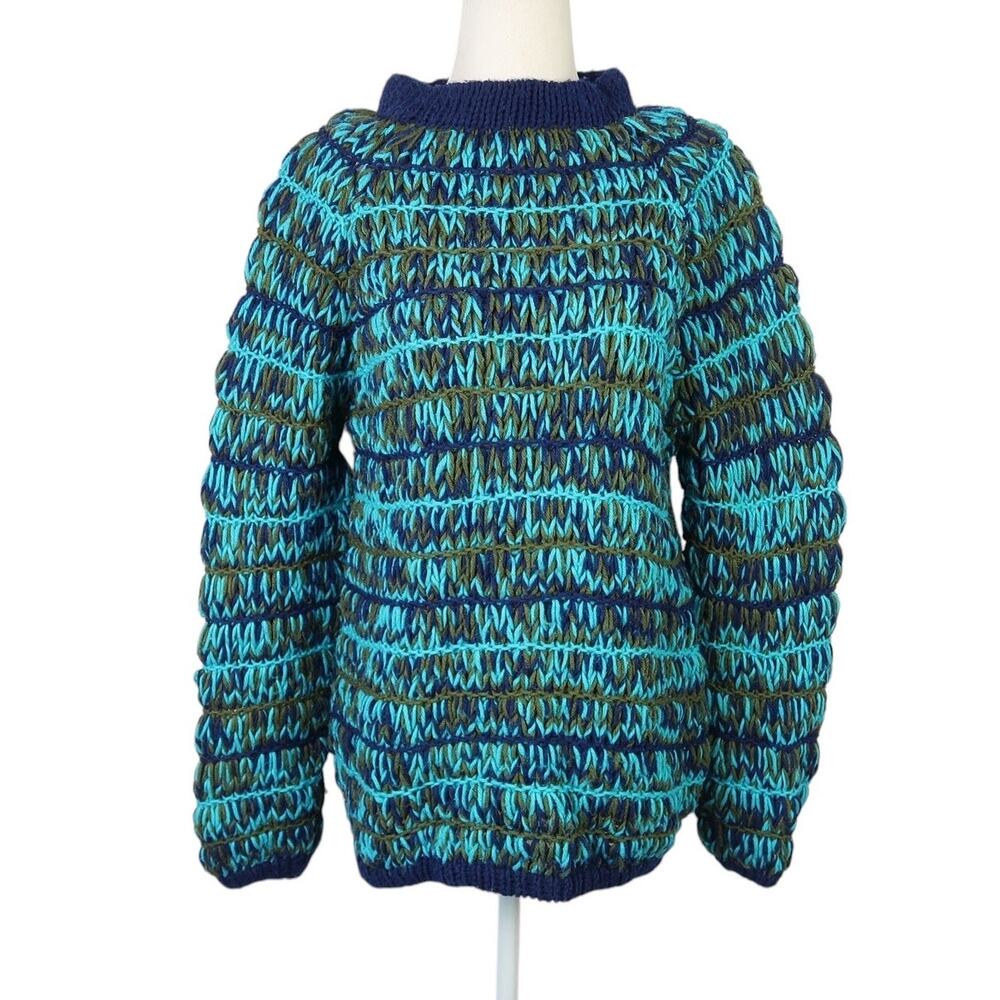 Vintage Blue and Green Thick Yarn Hand Knit Pullover Sweater L